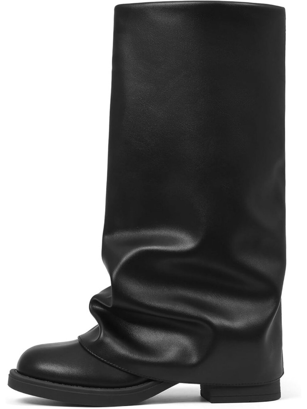 Women's Black Leather Slouchy Wide Calf Pleated Round Toe Chunky Stacked Boots